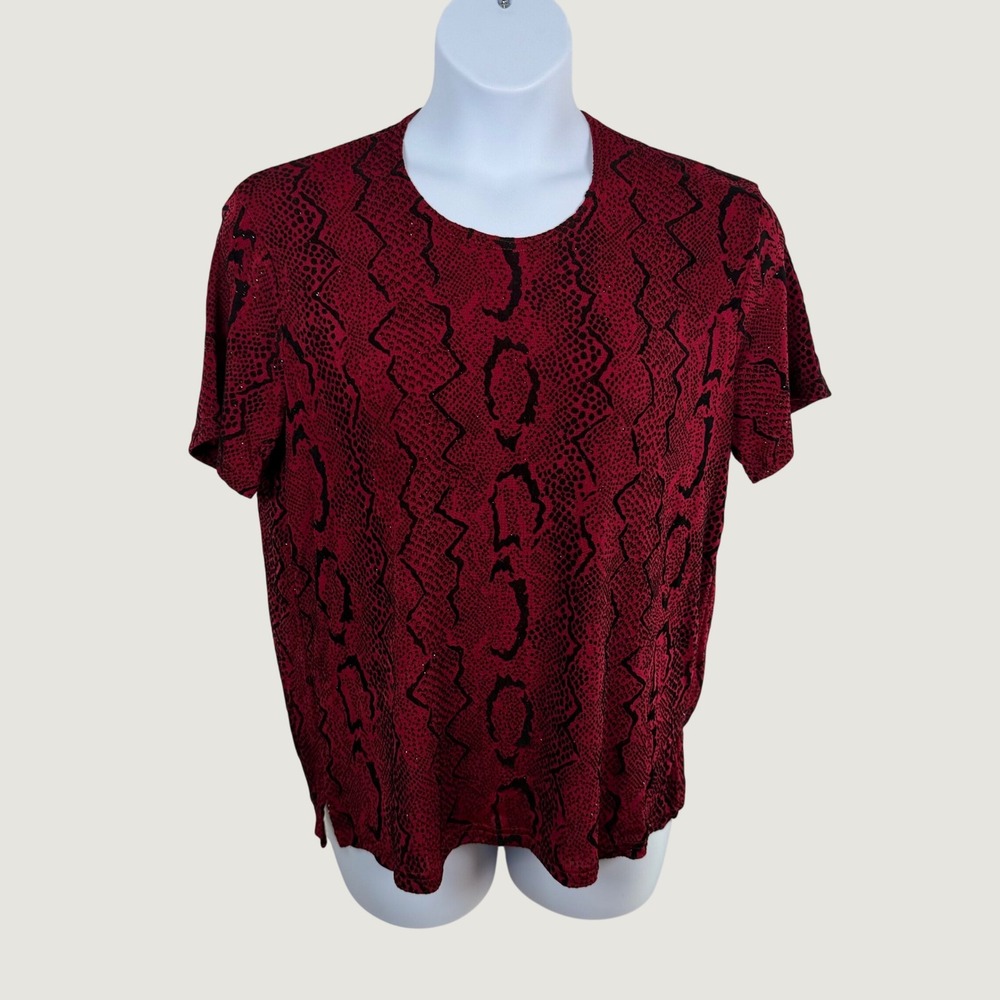Stephen Y Red Black Flocked Snakeskin Print Short Sleeve Top England OSFM